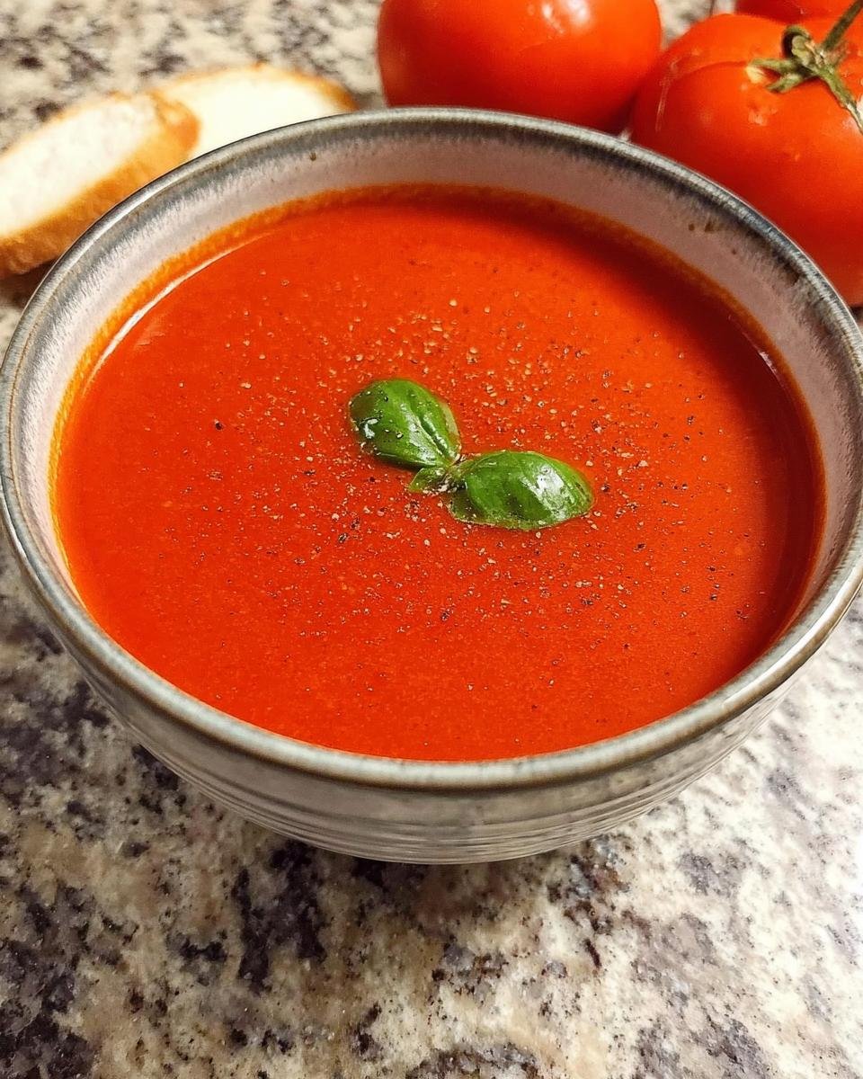 Eine Schüssel Tomatensuppe blitzschnell aus passierten Tomaten, garniert mit Basilikum und Pfeffer, serviert mit Brot.
