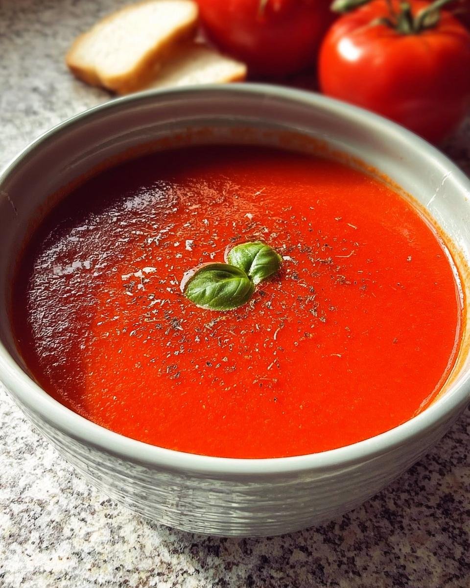 Eine Schüssel Tomatensuppe blitzschnell aus passierten Tomaten, garniert mit Basilikum und serviert mit Brot.