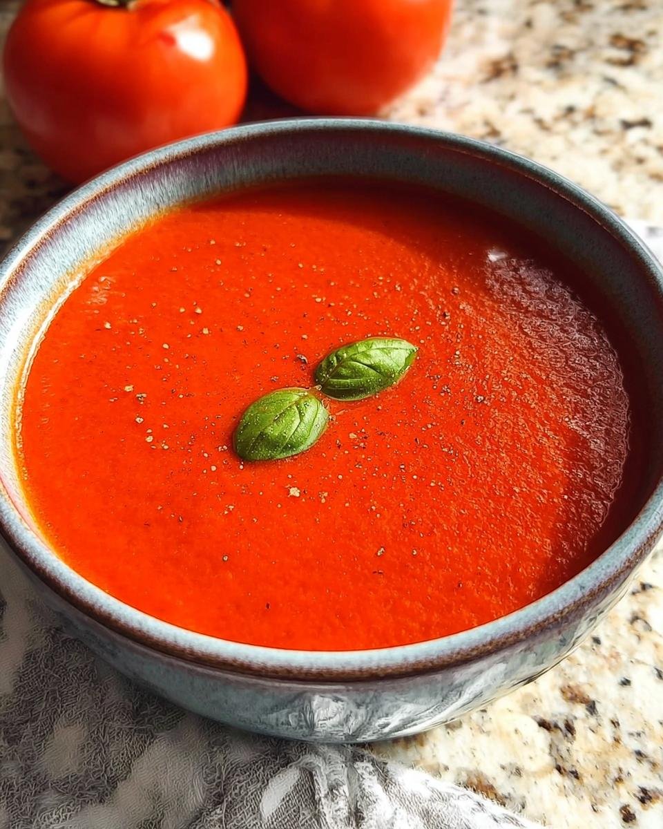 Eine Schüssel Tomatensuppe blitzschnell, garniert mit Basilikumblättern und Pfeffer, mit frischen Tomaten im Hintergrund.