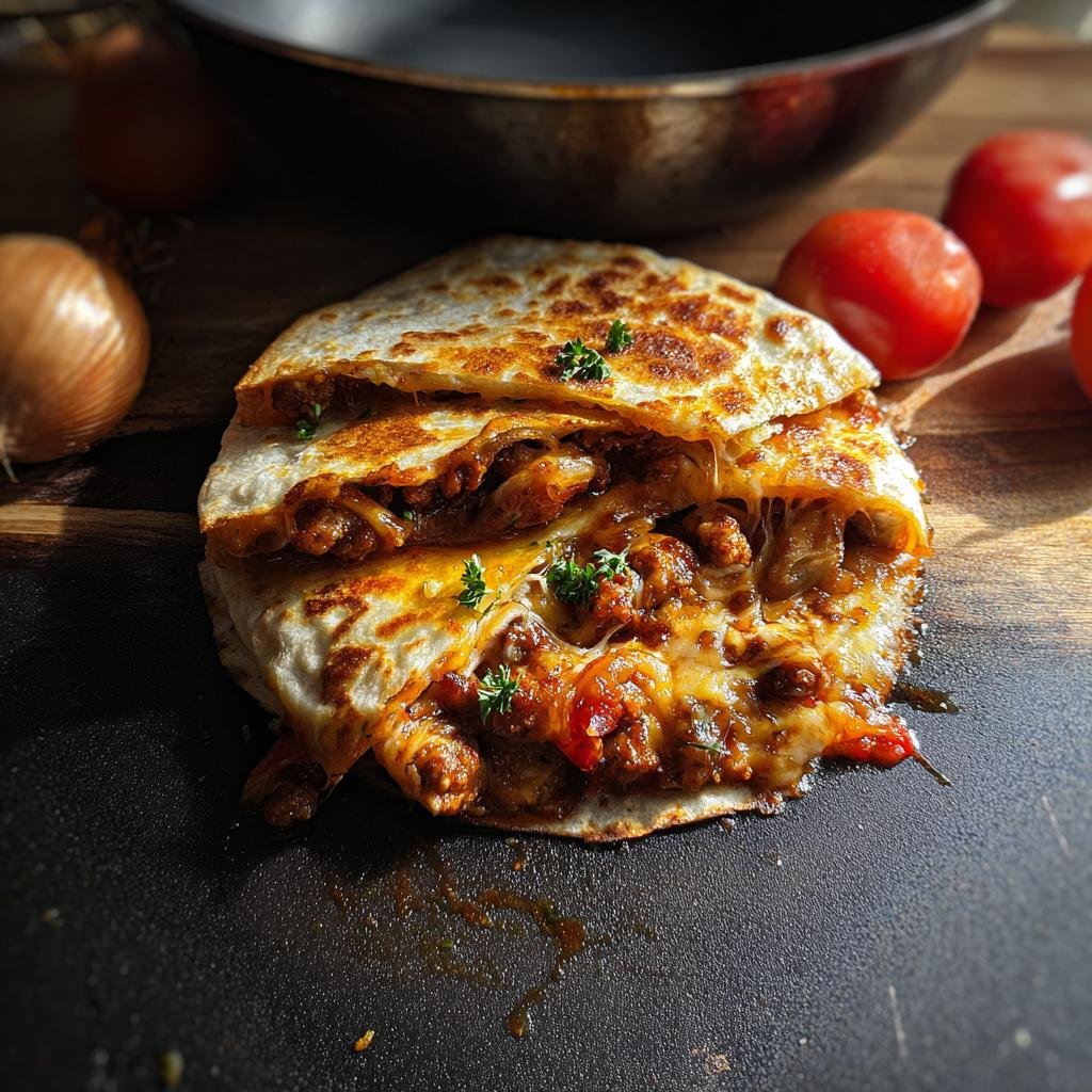 A close-up of a delicious Wrap-Pizza aus der Pfanne, showing melted cheese and savory filling.