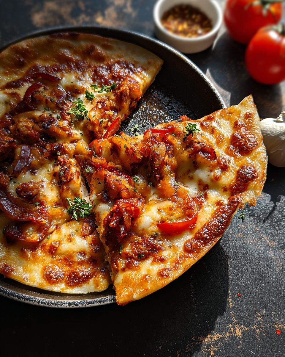 Fertige Wrap-Pizza aus der Pfanne mit geschmolzenem Käse, roten Zwiebeln und Kräutern garniert.