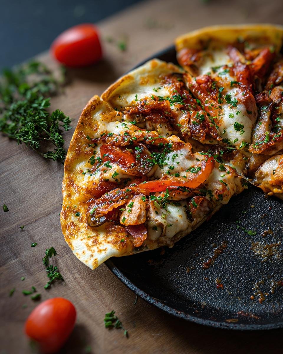 Eine köstliche Wrap-Pizza aus der Pfanne, belegt mit Hähnchen, Käse, Tomaten und Kräutern, auf einem Holztisch.