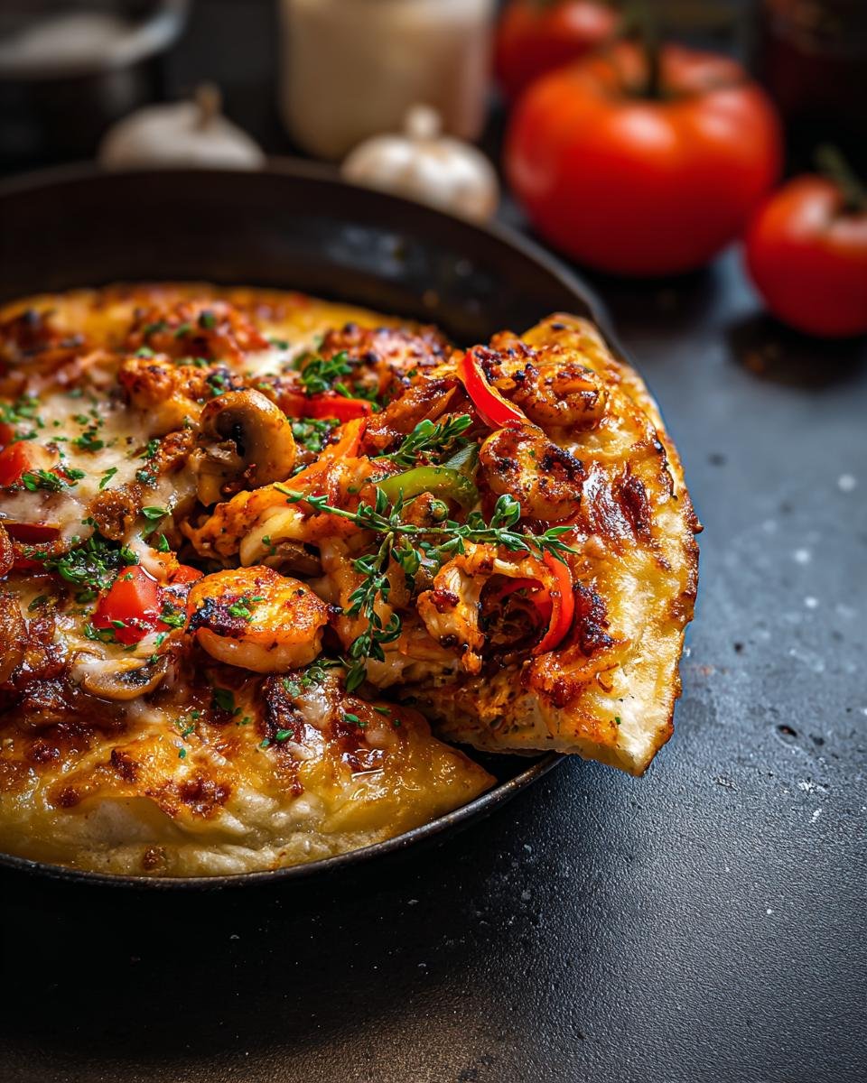 Eine köstliche Wrap-Pizza aus der Pfanne mit Garnelen, Pilzen, Paprika und geschmolzenem Käse, garniert mit frischen Kräutern.