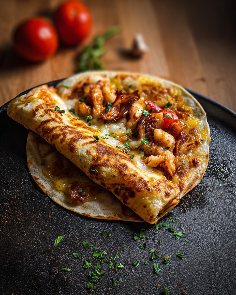 Nahaufnahme einer Wrap-Pizza aus der Pfanne mit geschmolzenem Käse und Garnelen, garniert mit Petersilie.